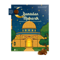 Ramadan Mubarak chocolate calendar with mosque illustration on a blue background