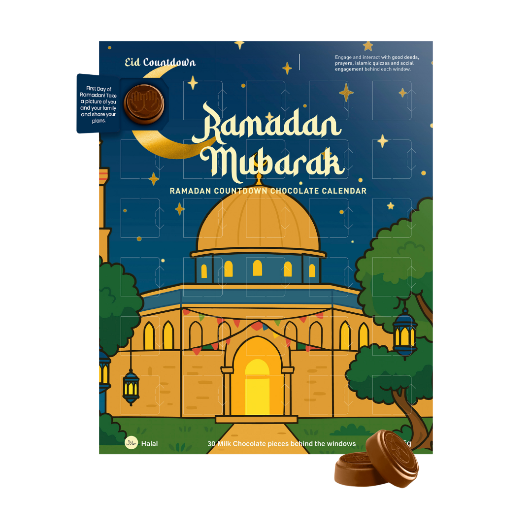 Ramadan Mubarak chocolate calendar with mosque illustration on a blue background