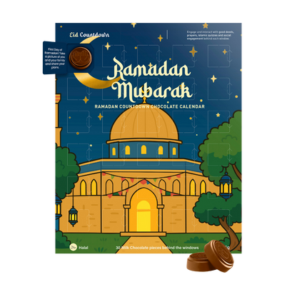 Ramadan Mubarak chocolate calendar with mosque illustration on a blue background