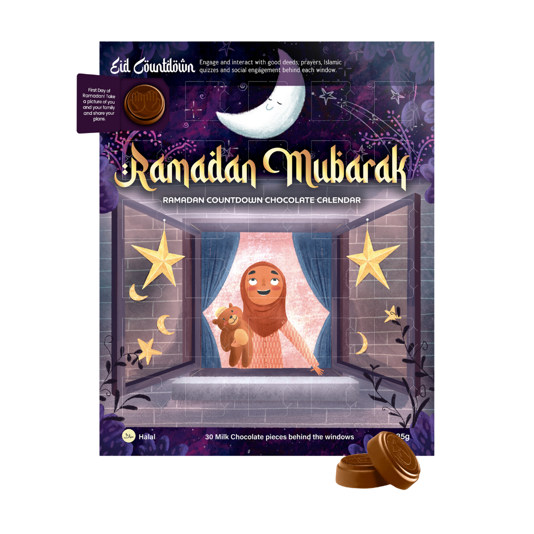 Ramadan Mubarak chocolate calendar packaging with a child and teddy bear illustration.