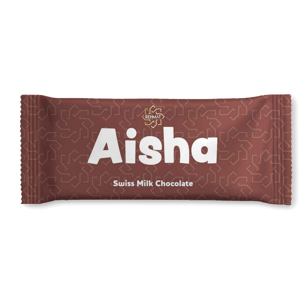 Chocolate bar with 'Aisha' branding on a white background