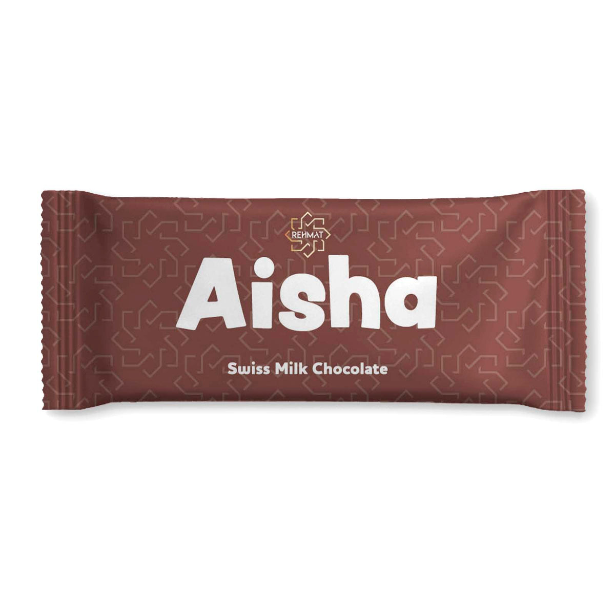 Chocolate bar with 'Aisha' branding on a white background
