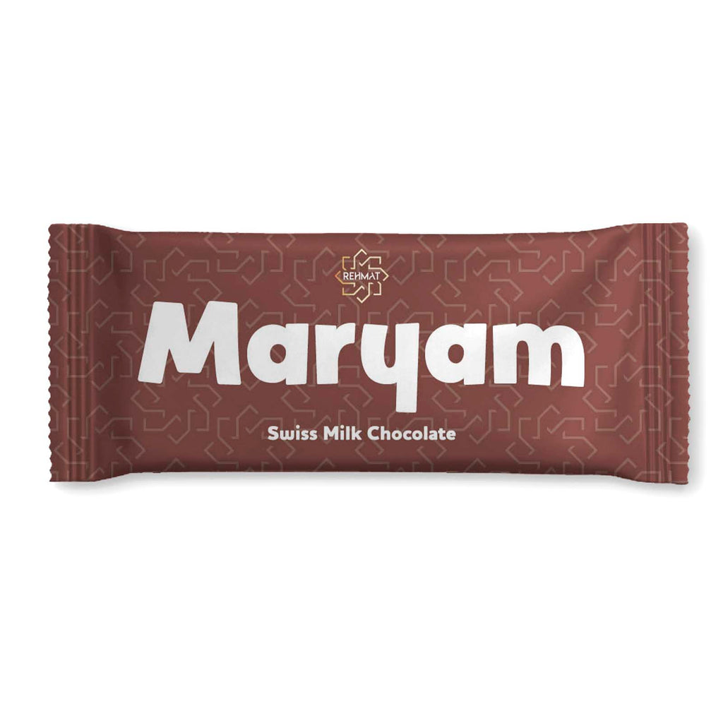 Chocolate bar with 'Maryam' branding on a white background