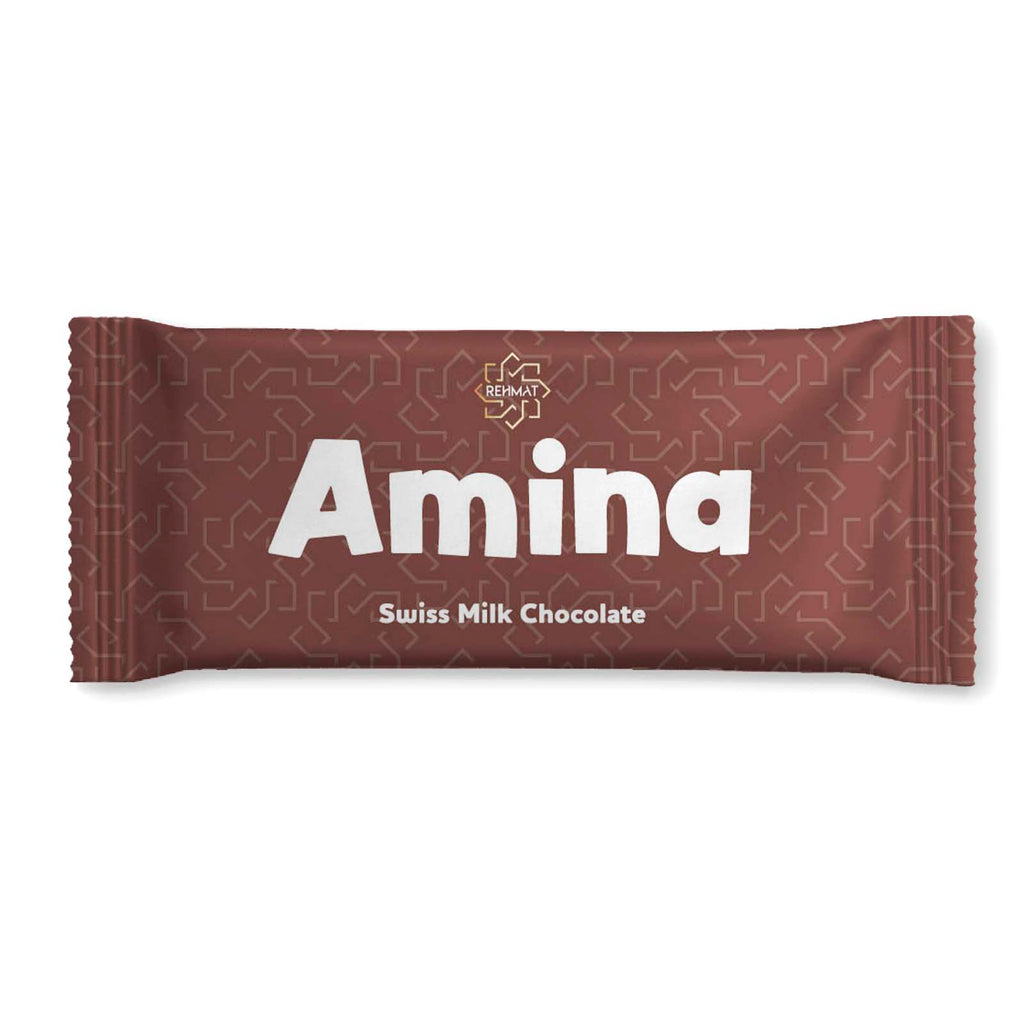 Amina Swiss Milk Chocolate bar packaging on a white background