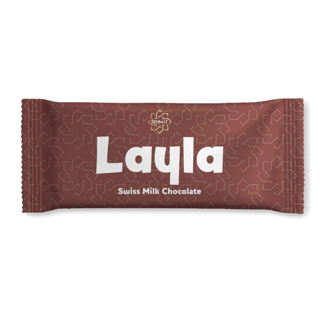 Chocolate bar with 'Layla' branding on a white background