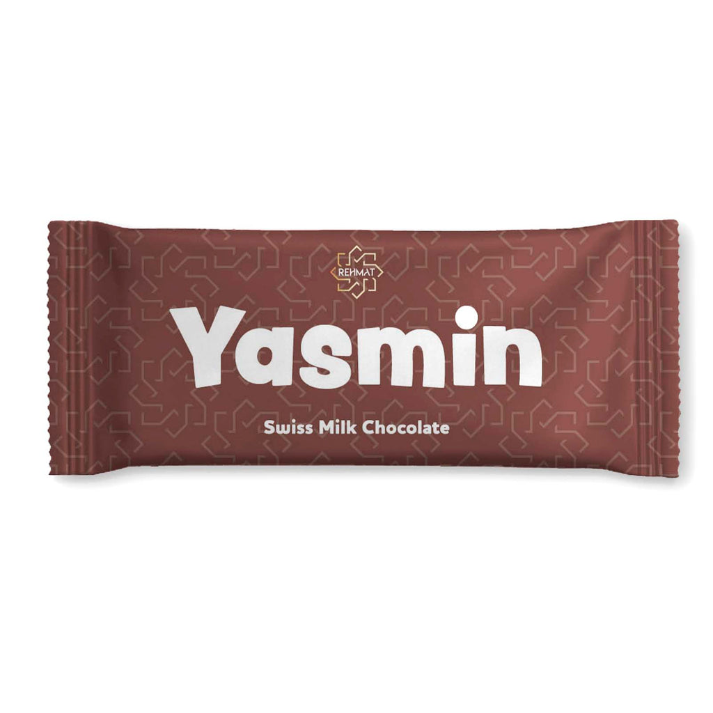 Yasmin Swiss Milk Chocolate bar packaging on a white background