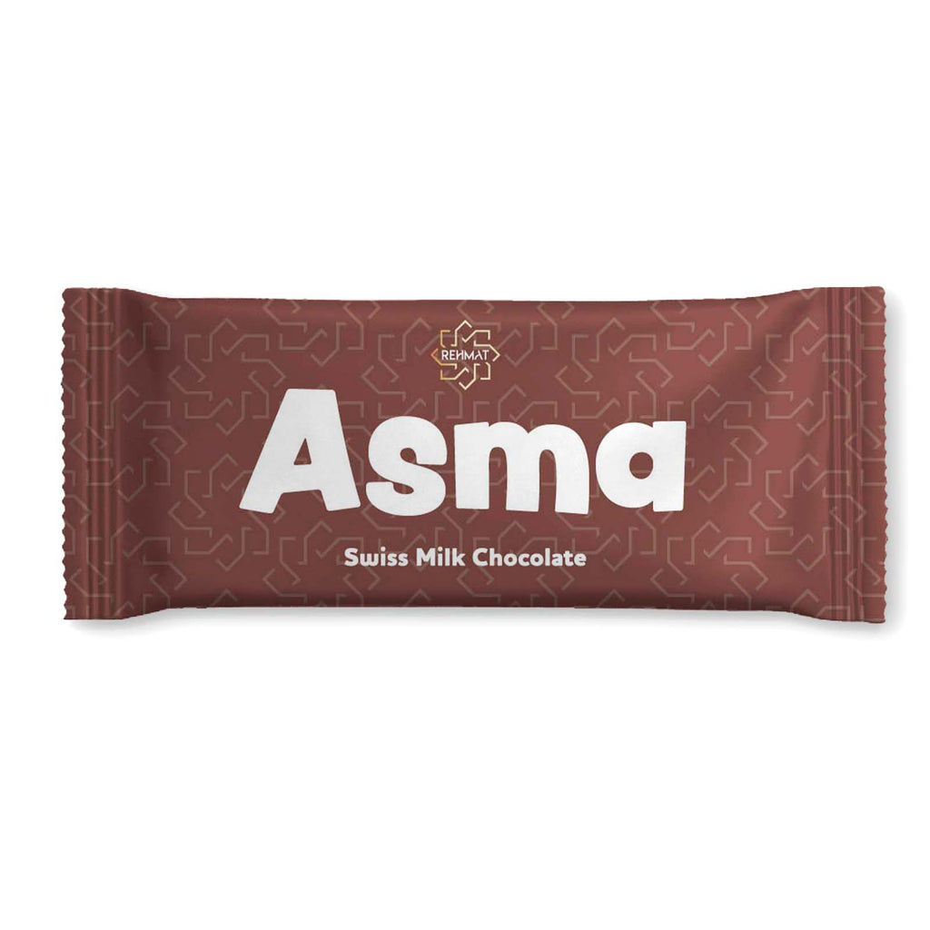 Chocolate bar with 'Asma' branding on a white background