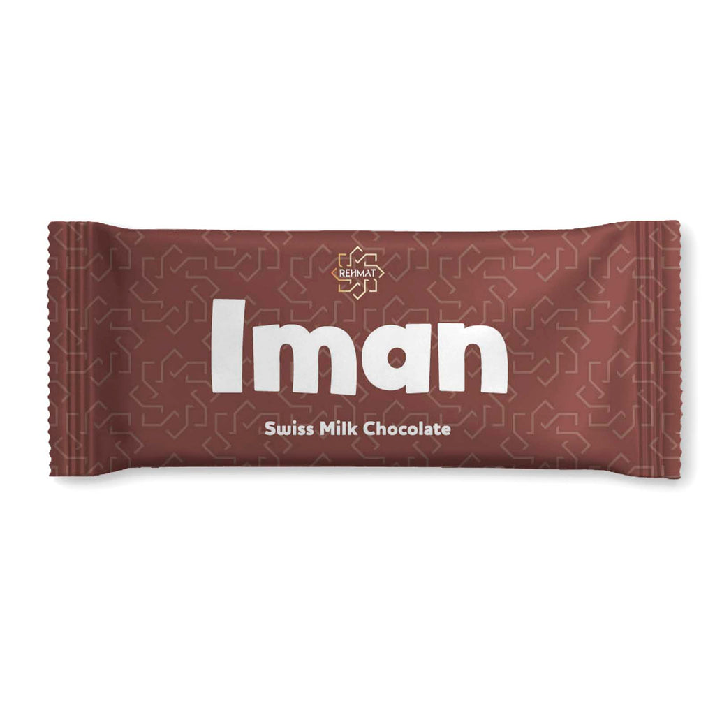 Chocolate bar with 'Iman' branding on a white background