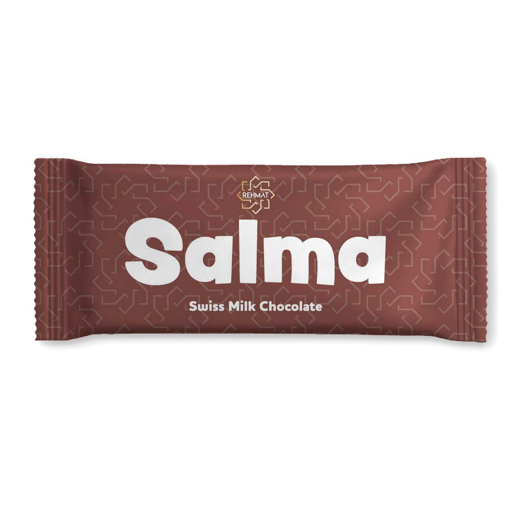 Salma Swiss Milk Chocolate bar packaging on a white background