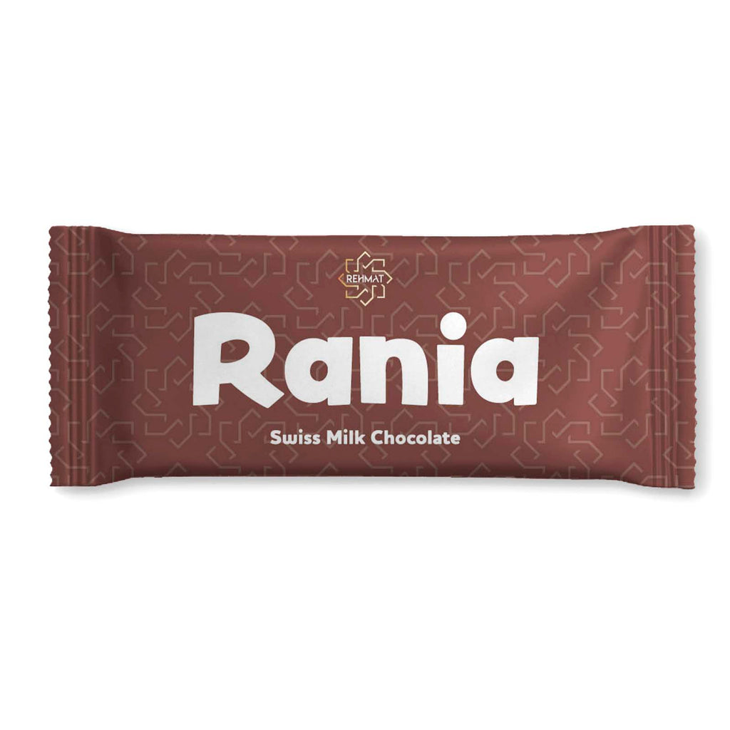 Rania Swiss Milk Chocolate bar packaging on a white background