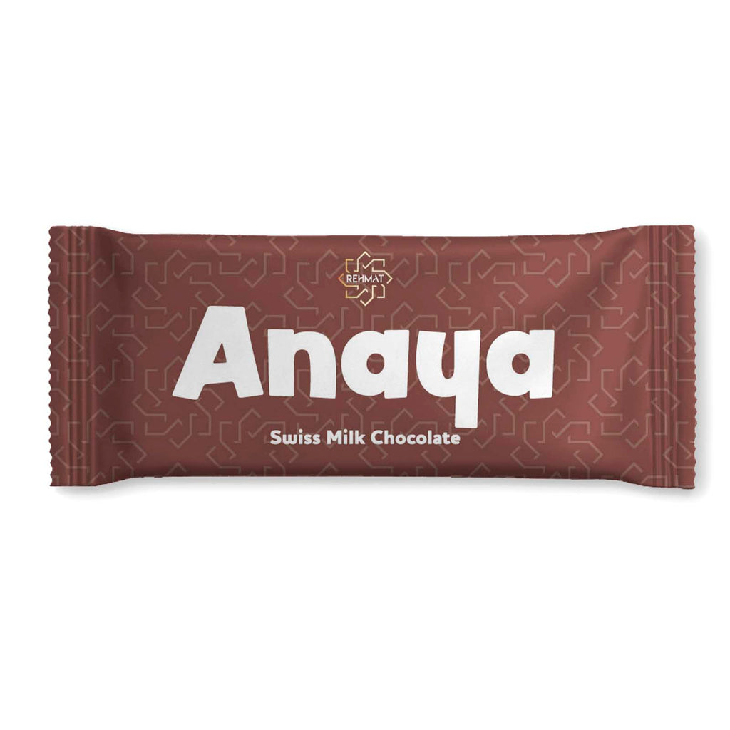 Anaya Swiss Milk Chocolate bar packaging on a white background