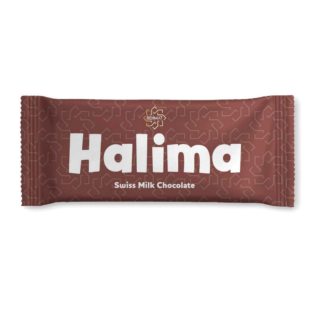 Halima Swiss Milk Chocolate bar packaging on a white background