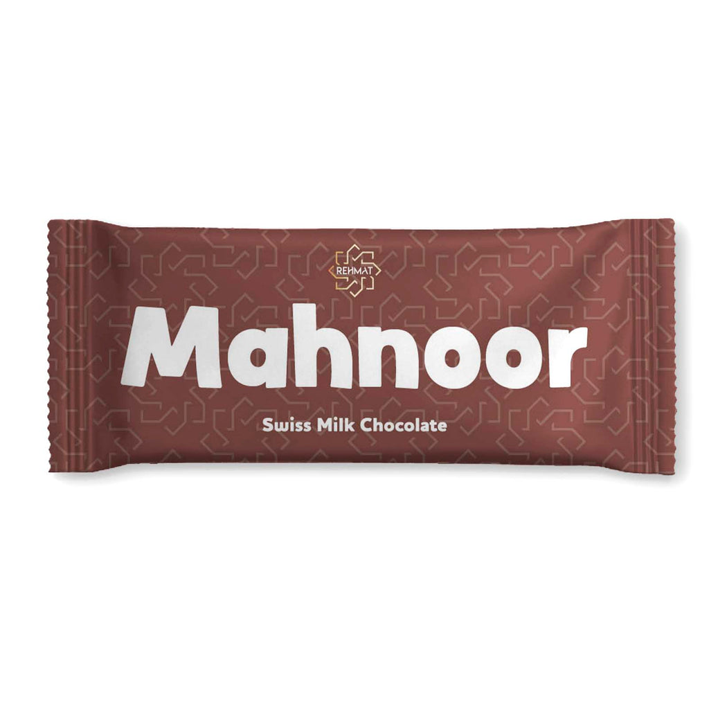Chocolate bar with 'Mahnoor' branding on a white background