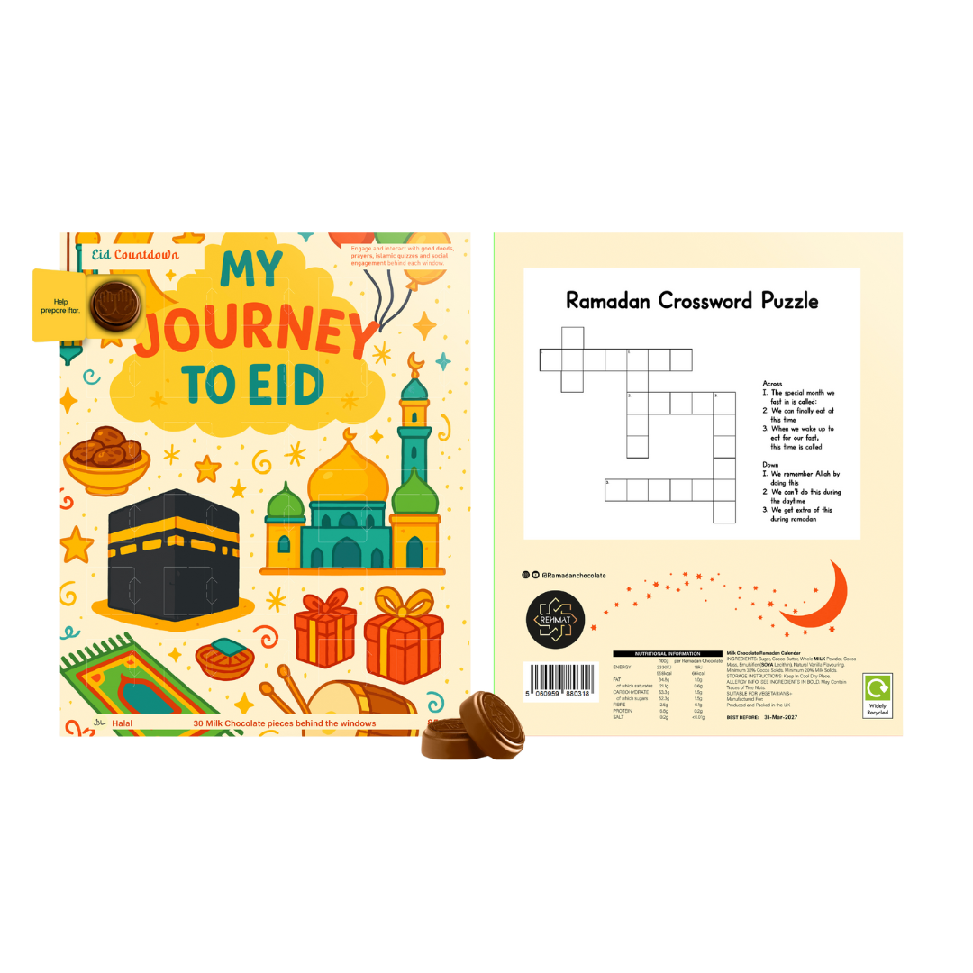 Educational book titled 'My Journey to Eid' with a crossword puzzle on a white background