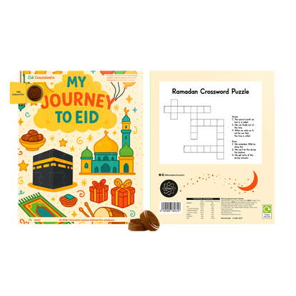Educational book titled 'My Journey to Eid' with a crossword puzzle on a white background