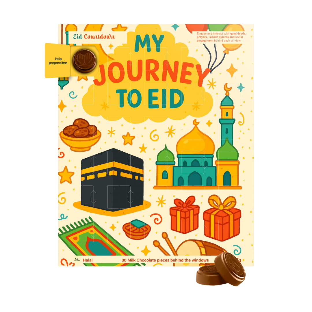 Book titled 'My Journey to Eid' with colorful illustrations on a white background
