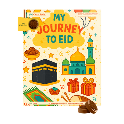 Book titled 'My Journey to Eid' with colorful illustrations on a white background