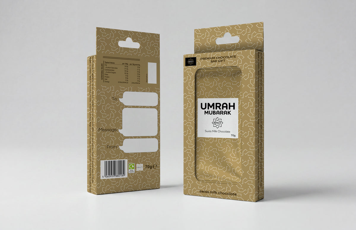  product boxes for Umrah Mubarak, shown from the front and back on a gold wrapper.