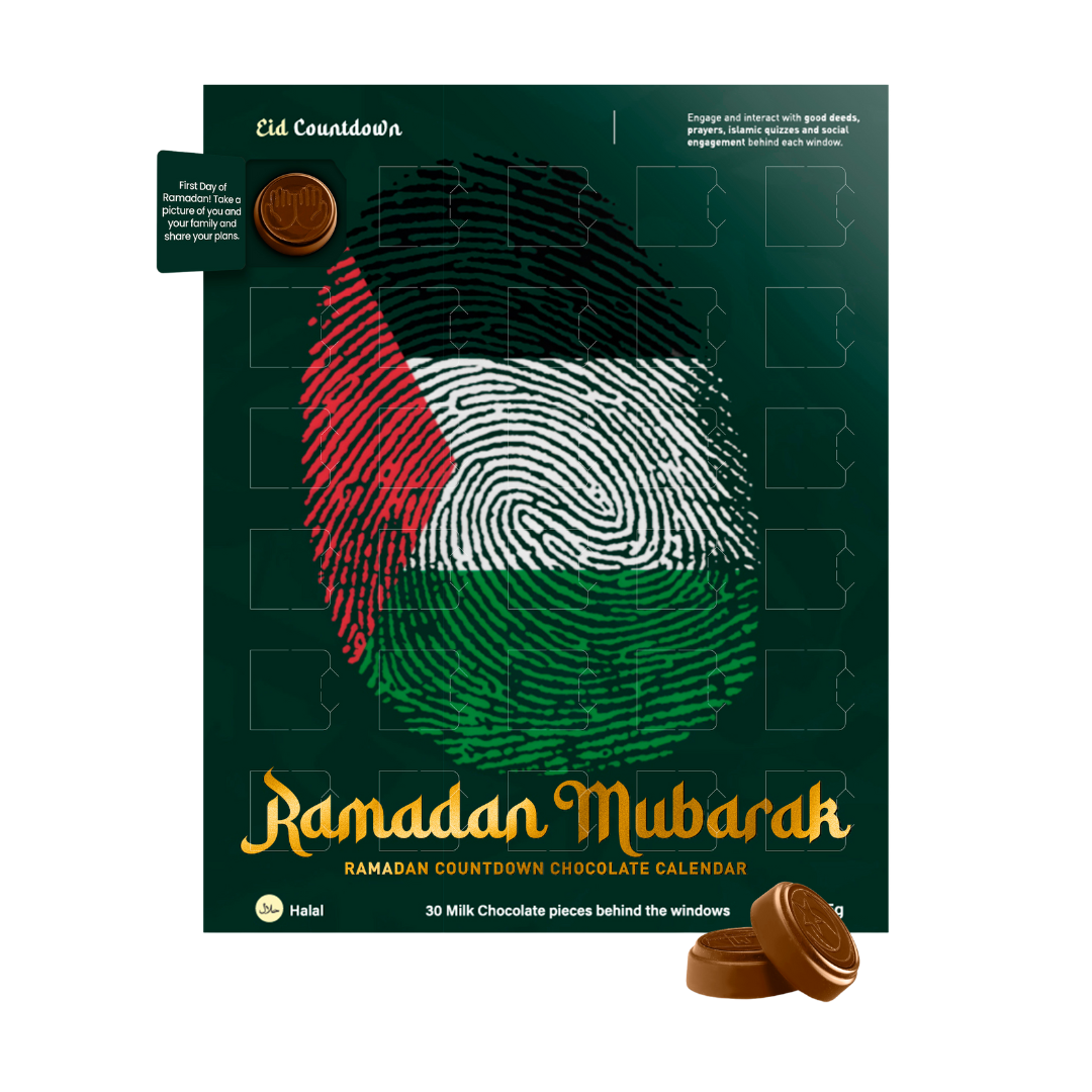 Ramadan Mubarak chocolate calendar with fingerprint design and chocolate pieces on a white background
