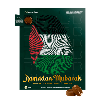 Ramadan Mubarak chocolate calendar with fingerprint design and chocolate pieces on a white background