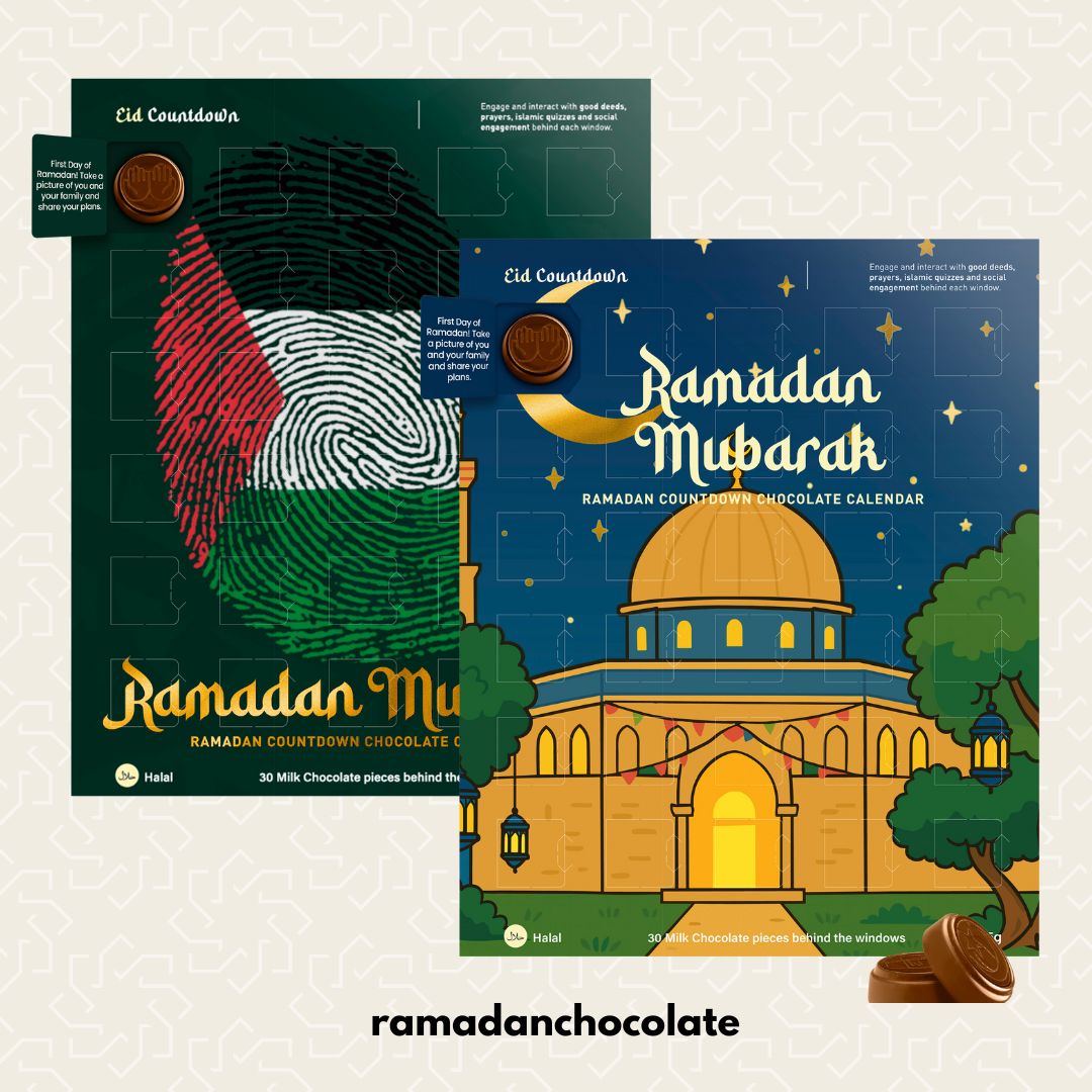 Two Ramadan-themed chocolate calendars with illustrations of a mosque and a flag, featuring the brand 'ramadanchocolate'. Palestine and majid 