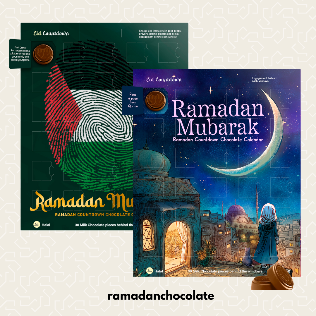 Two Ramadan-themed chocolate calendars with decorative designs on a light gray background.  Palestine and Girl Cat moon