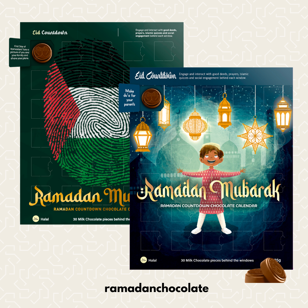 Two Ramadan-themed chocolate calendars with colorful designs on a light gray background.   Palestine and  young boy standing with lights