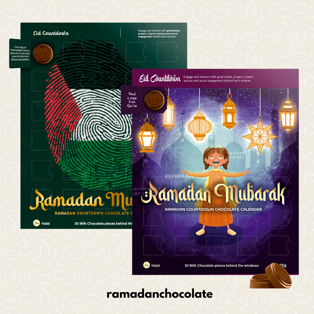 Two Ramadan-themed chocolate calendars with colorful designs on a light gray background.  Palestine and Hijab young girl standing with lights
