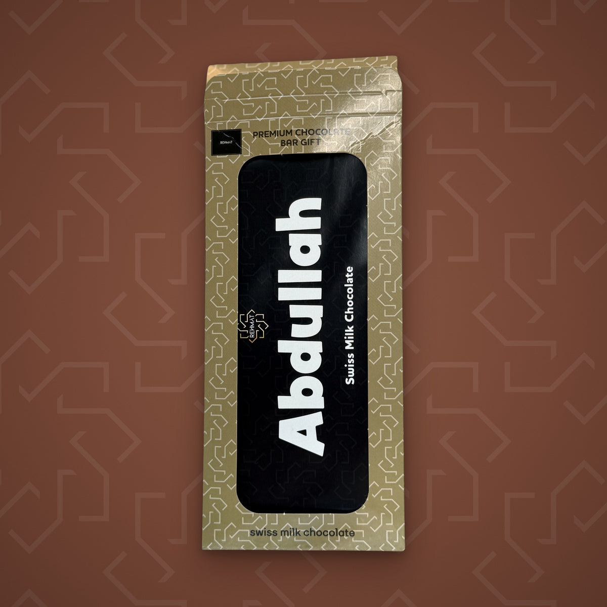 Rehmat Abdullah personalised Swiss milk chocolate name bar in gift box