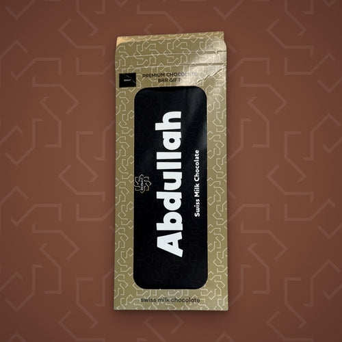 Rehmat Abdullah personalised Swiss milk chocolate name bar in gift box