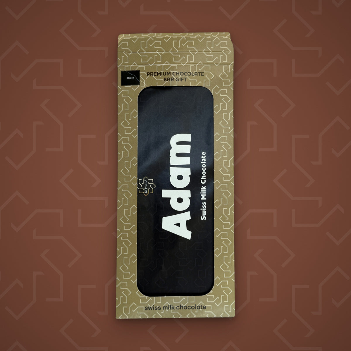 Rehmat Adam personalised Swiss milk chocolate name bar in gift box