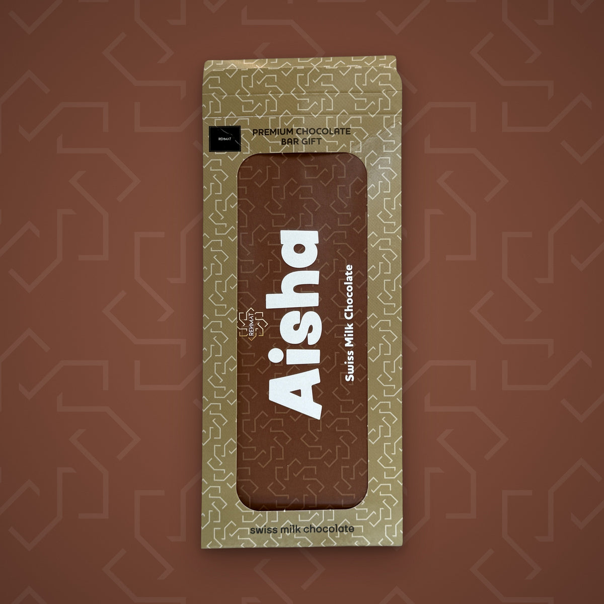 Rehmat Aisha personalised Swiss milk chocolate name bar in gift box