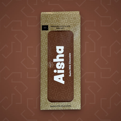 Rehmat Aisha personalised Swiss milk chocolate name bar in gift box