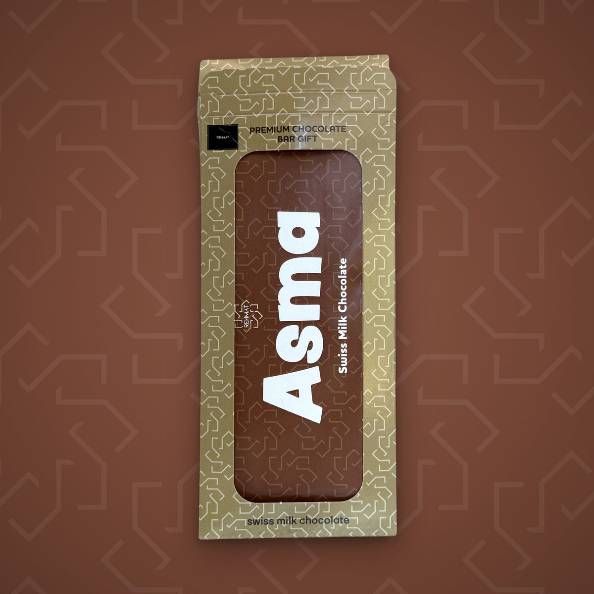Rehmat Asma personalised Swiss milk chocolate name bar in gift box
