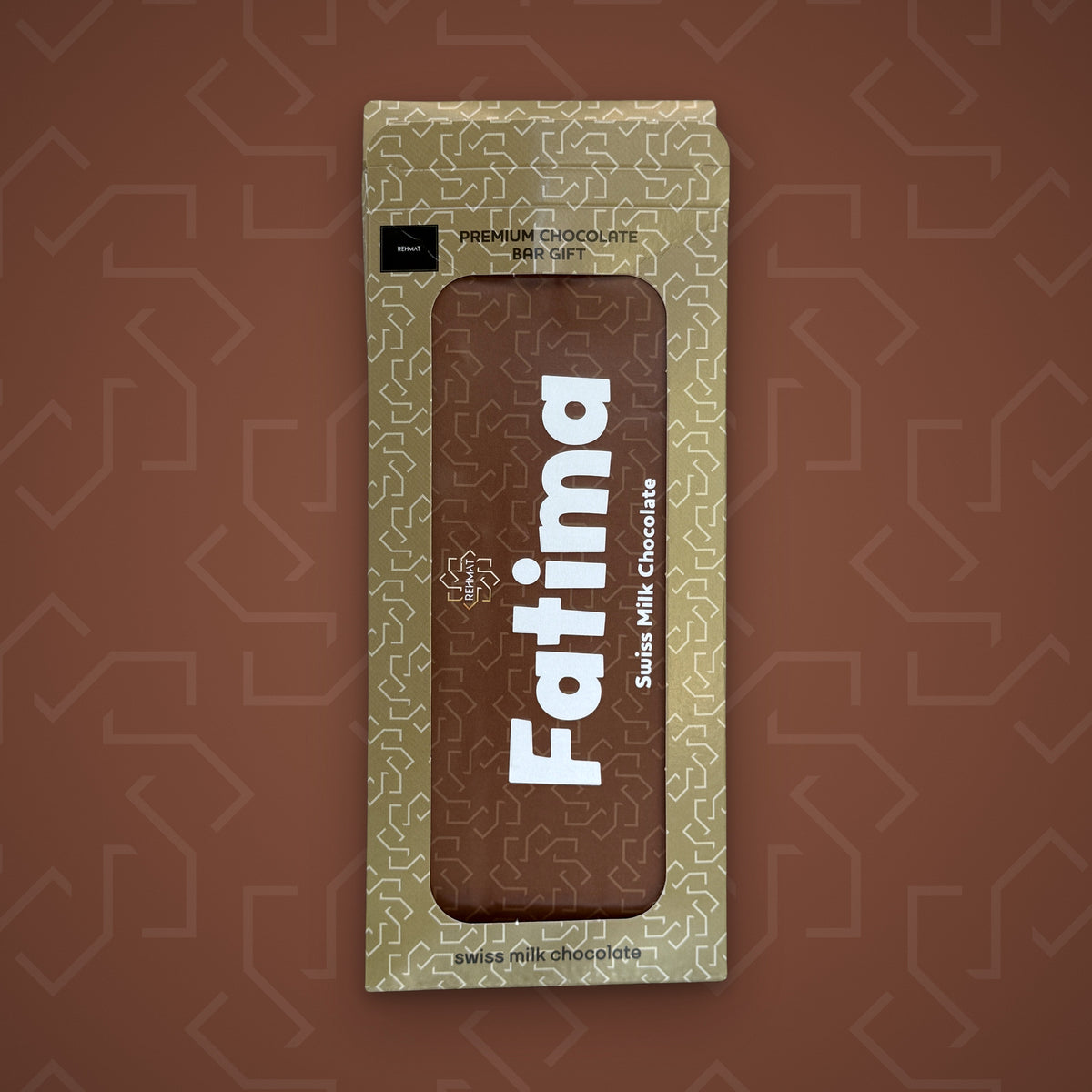 Rehmat Fatima personalised Swiss milk chocolate name bar in gift box
