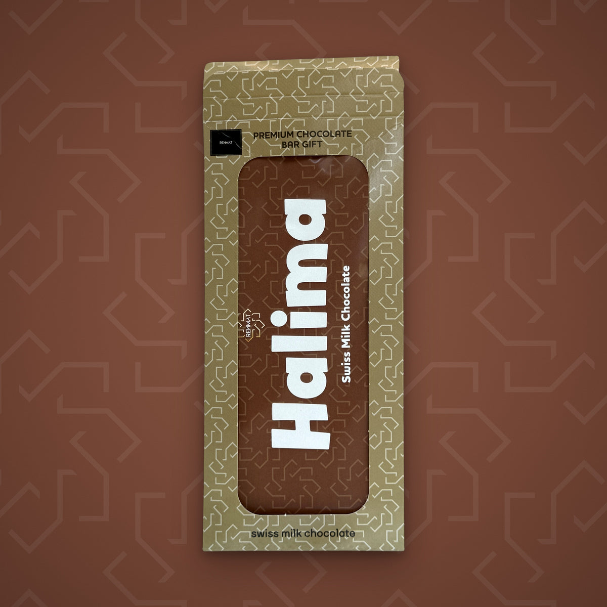 Rehmat Halima personalised Swiss milk chocolate name bar in gift box