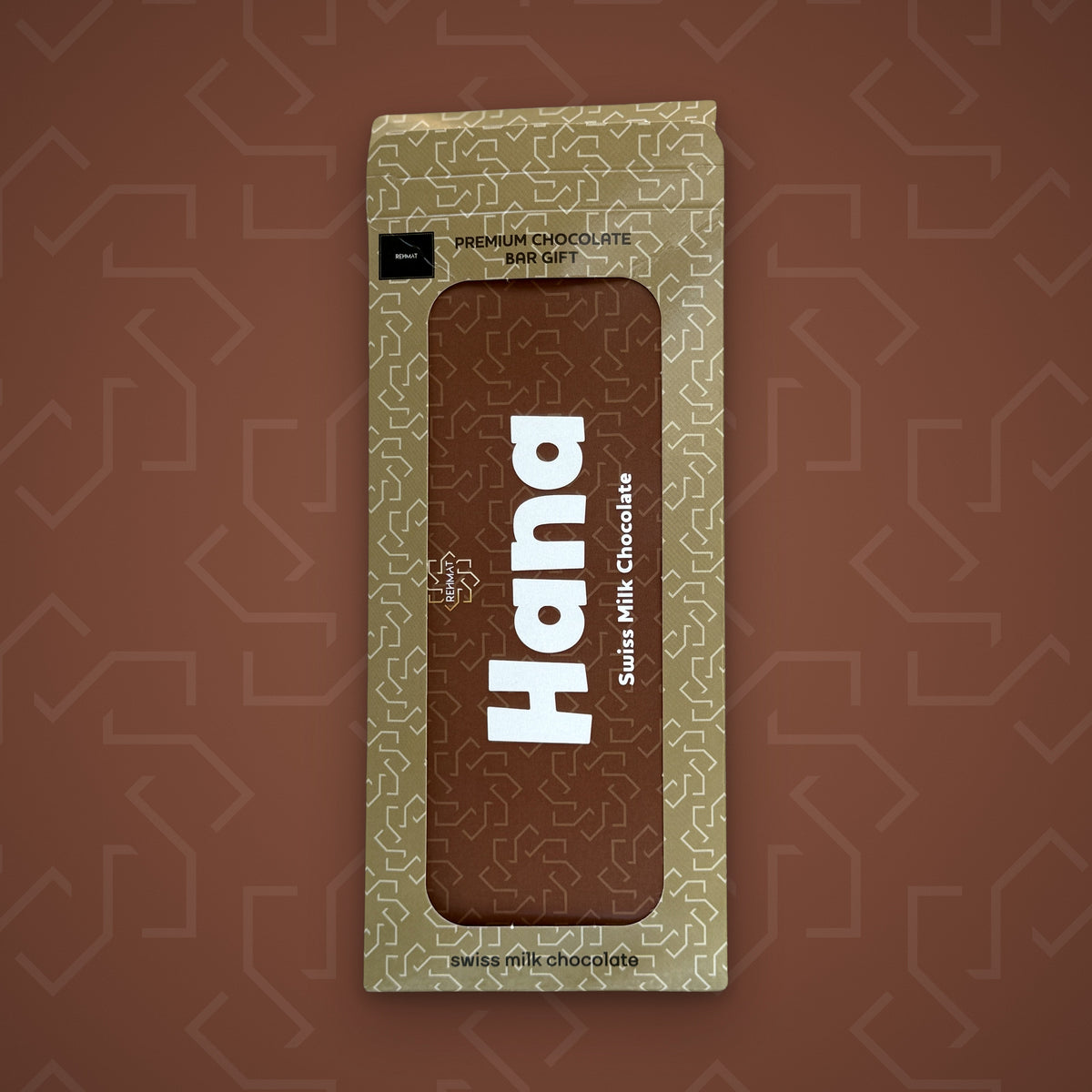 Rehmat Hana personalised Swiss milk chocolate name bar in gift box