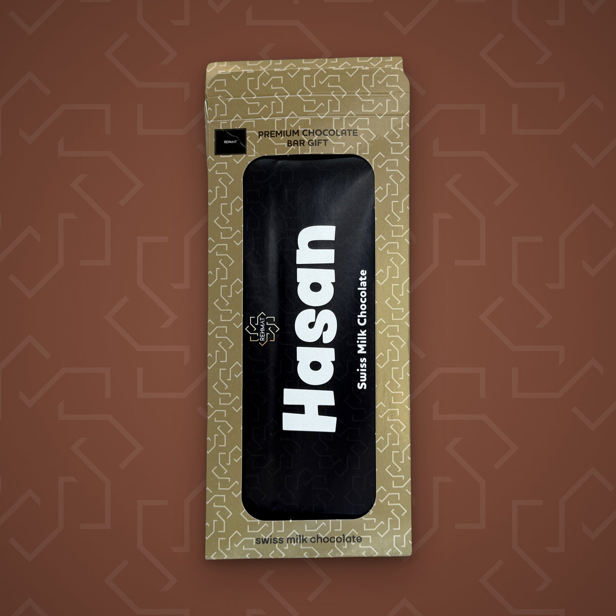 Rehmat Hasan personalised Swiss milk chocolate name bar in gift box