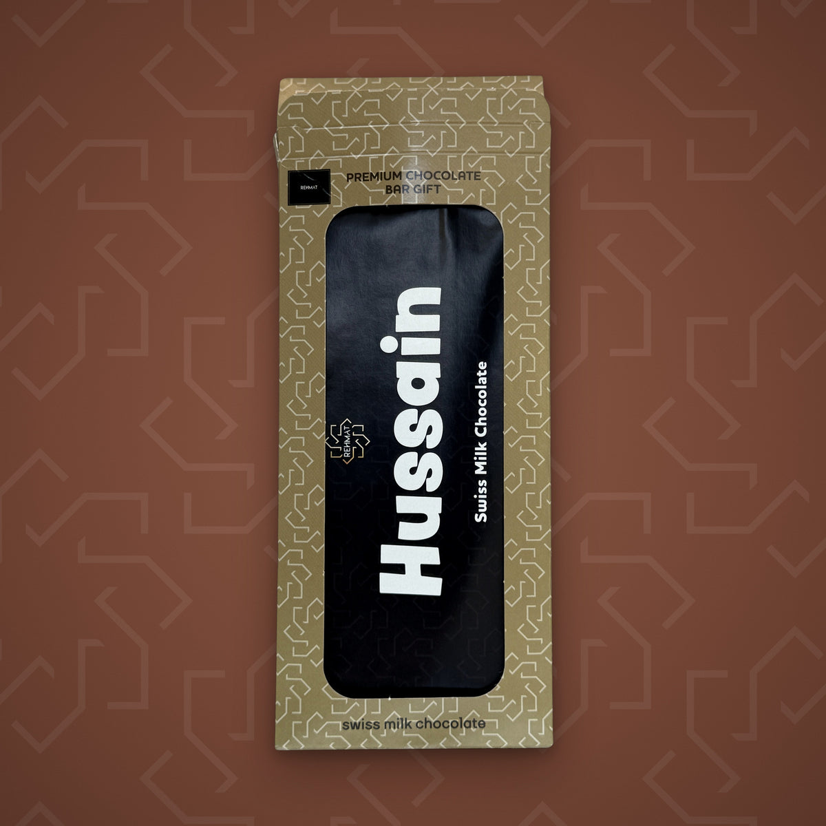 Rehmat Hussain personalised Swiss milk chocolate name bar in gift box