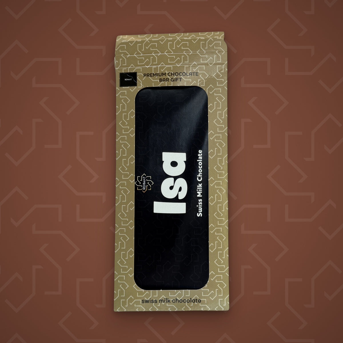 Rehmat Isa personalised Swiss milk chocolate name bar in gift box