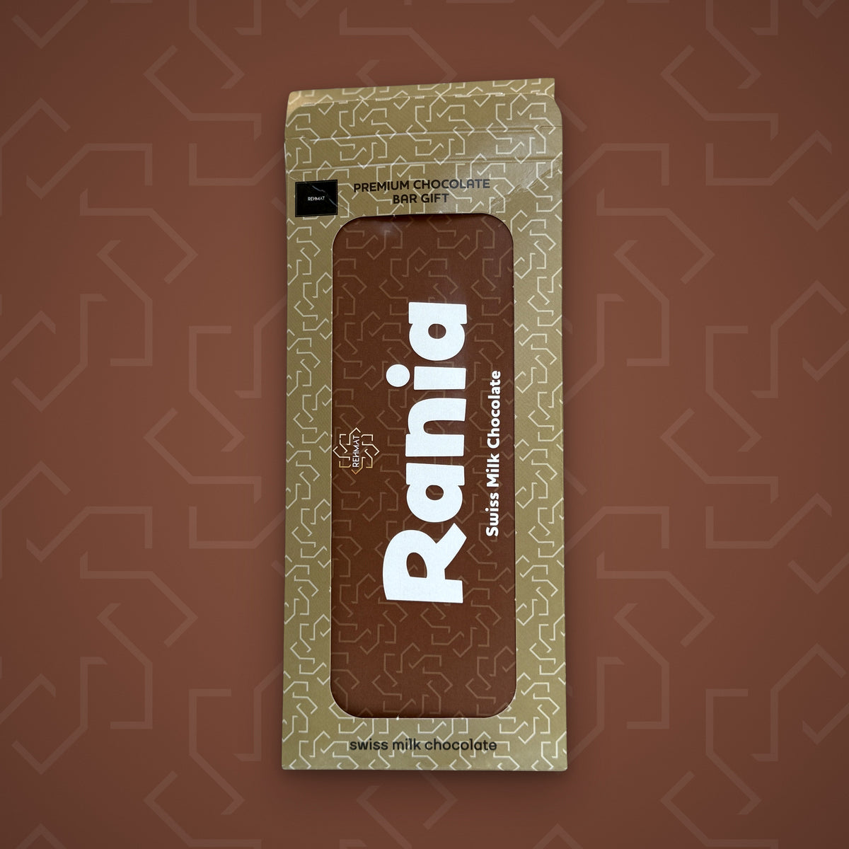 Rehmat Rania personalised Swiss milk chocolate name bar in gift box