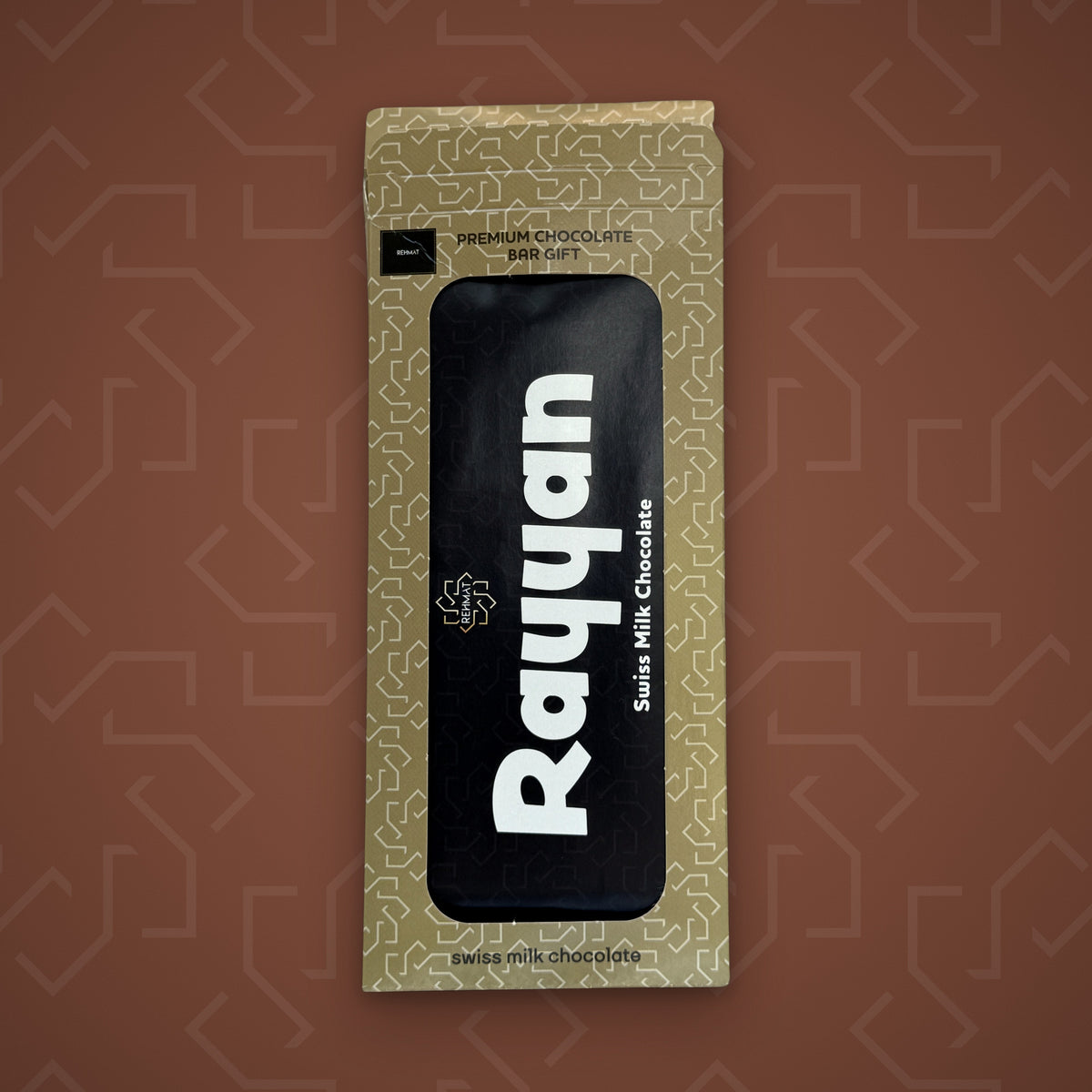 Rehmat Rayyan personalised Swiss milk chocolate name bar in gift box