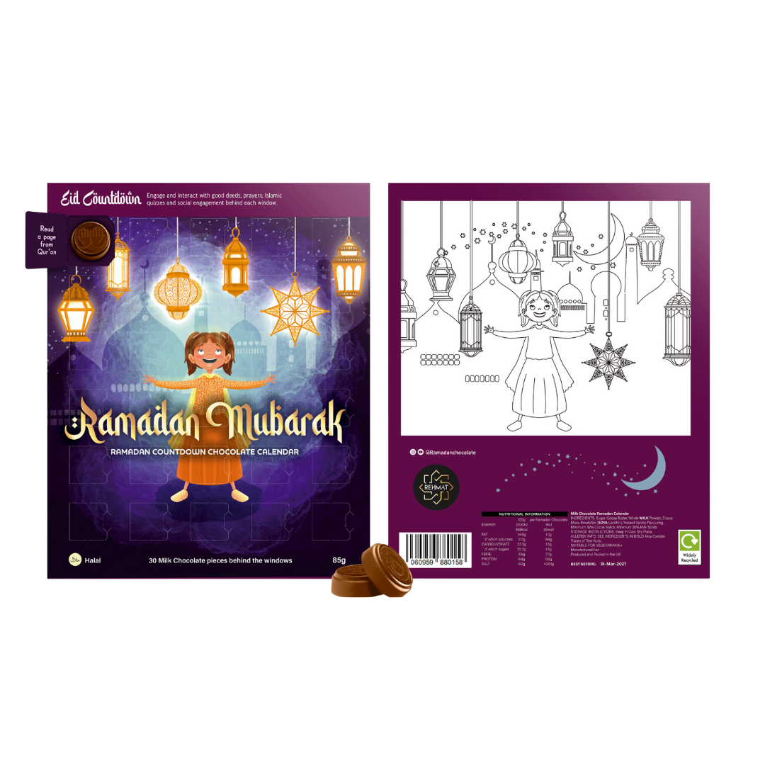 Edible Countdown Chocolate Calendar packaging with 'Ramadan Mubarak' text and illustrations on a white background.