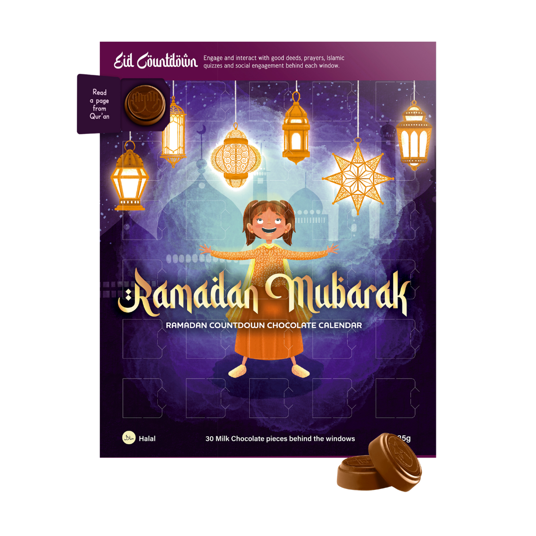 Ramadan Mubarak chocolate calendar packaging with a child and lanterns on a purple background