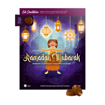 Ramadan Mubarak chocolate calendar packaging with a child and lanterns on a purple background